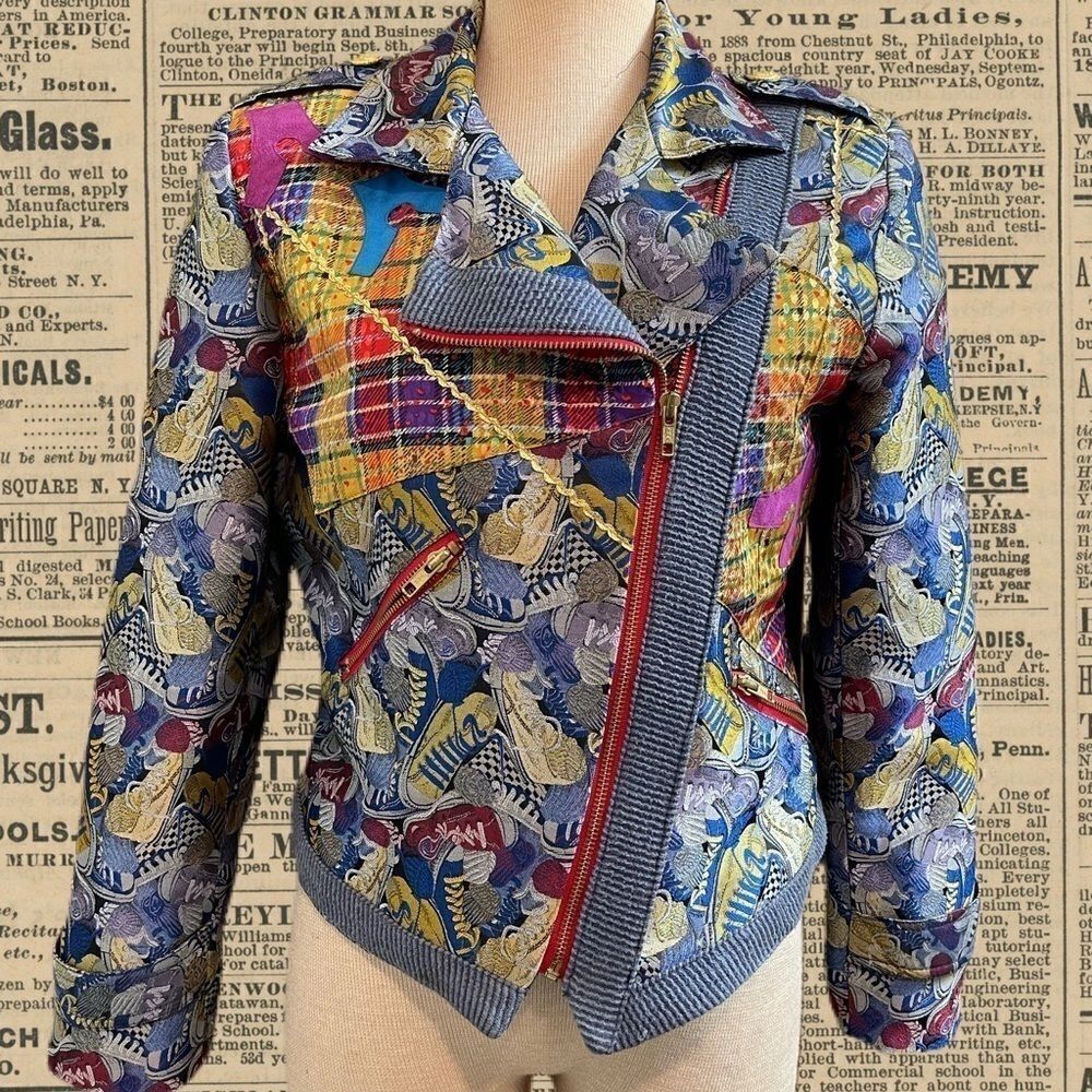 Canvasbacks Lagenlook Patchwork Plaid Moto Biker Jacket Women’s Size Small Artsy